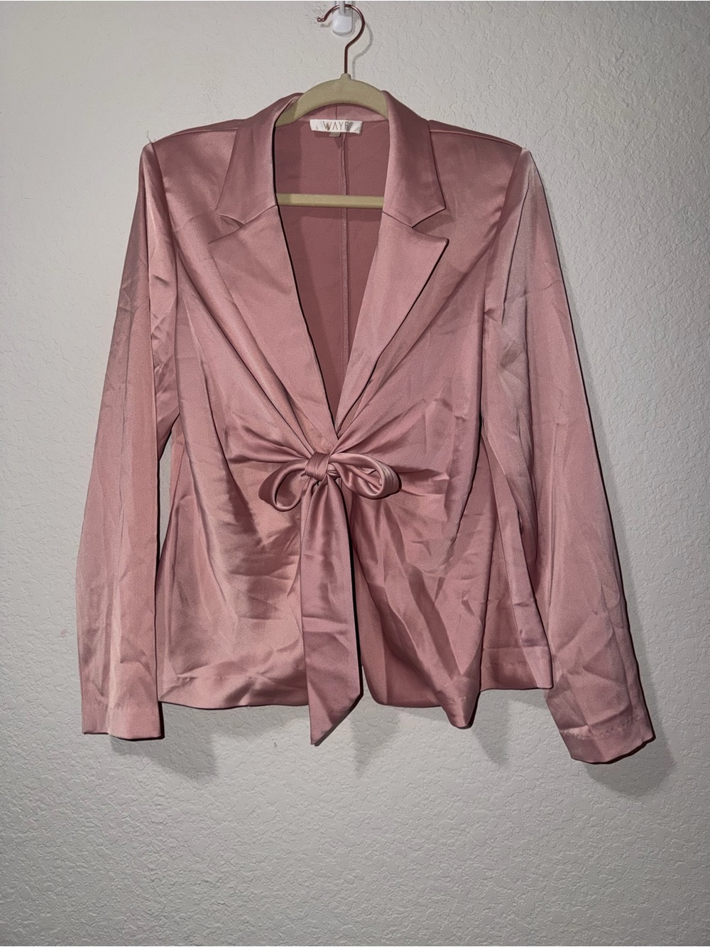 Wayf Rose Pink Tie-Front Satin Long Sleeve Top